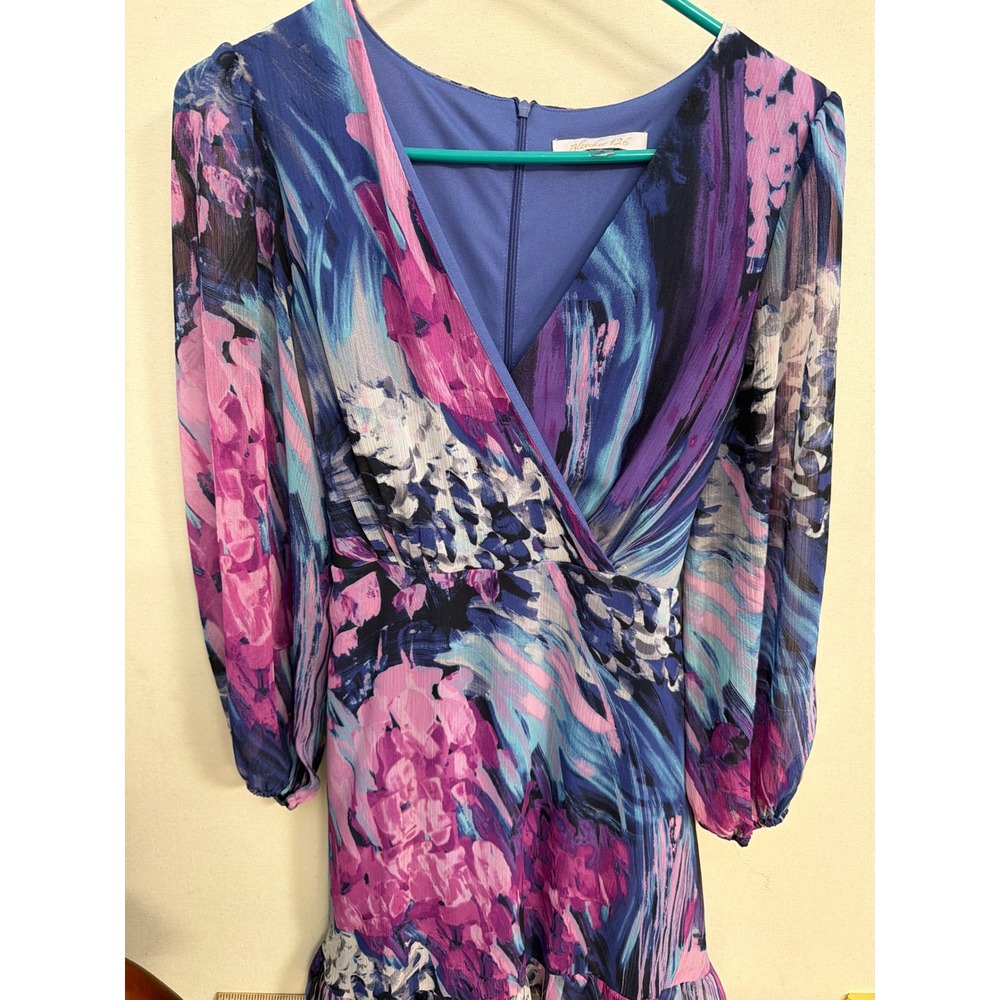 Bleecker 126 Abstract Floral Long Sleeve Faux Wrap Mini Dress Purple Blue Size 6